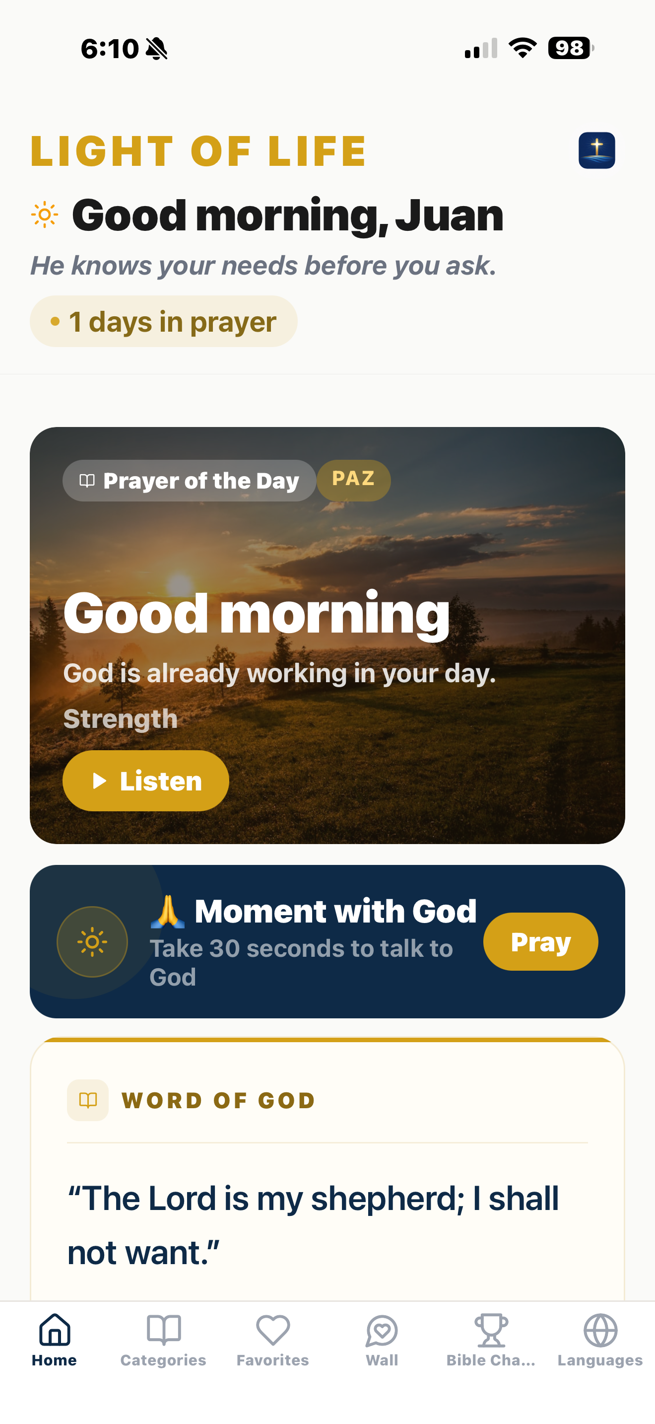 Light of Life Home Screen